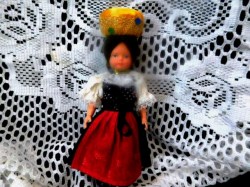 7 INCH INTERNATIONAL BROWN HAIR DOLL, COSTUME, YELLOW PILLBOX HAT